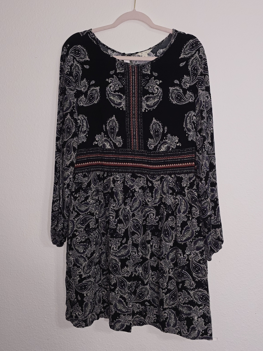 Black Paisley Long Sleeve Drop Waist Dress